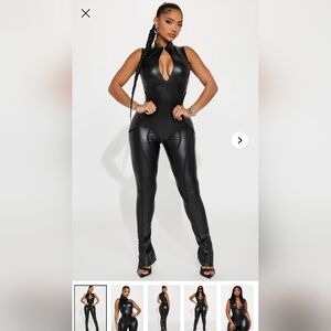 Faux Leather Black Skintight Jumpsuit